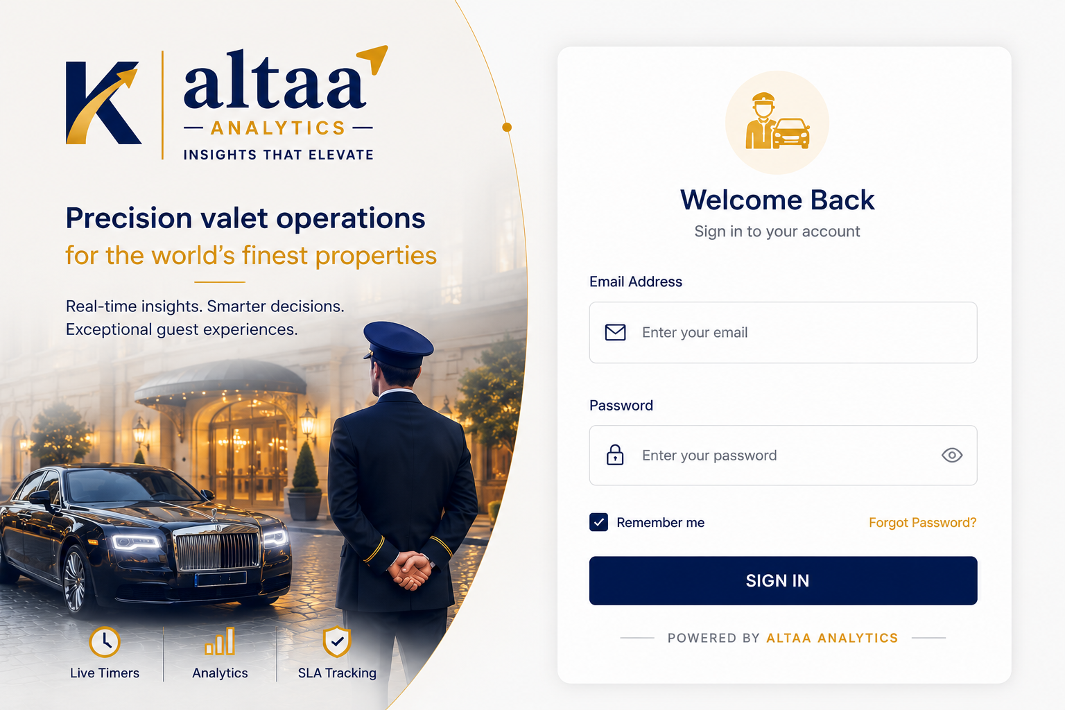 Luxury hotel valet entrance with premium vehicle and elegant lighting